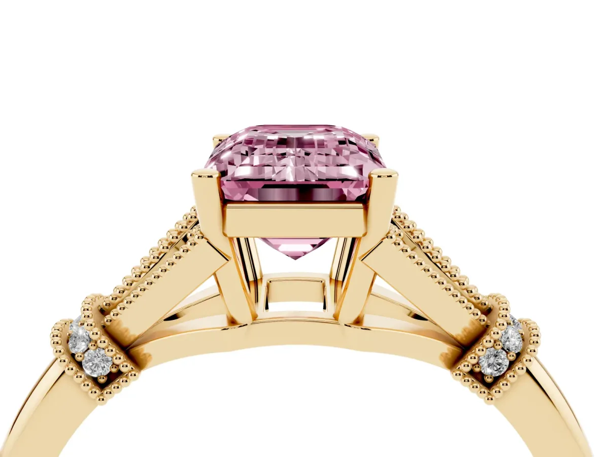 Fancy Pink Emerald Cut Diamond Solitaire Ring with Floral Filigree and Pave Accents Yellow gold