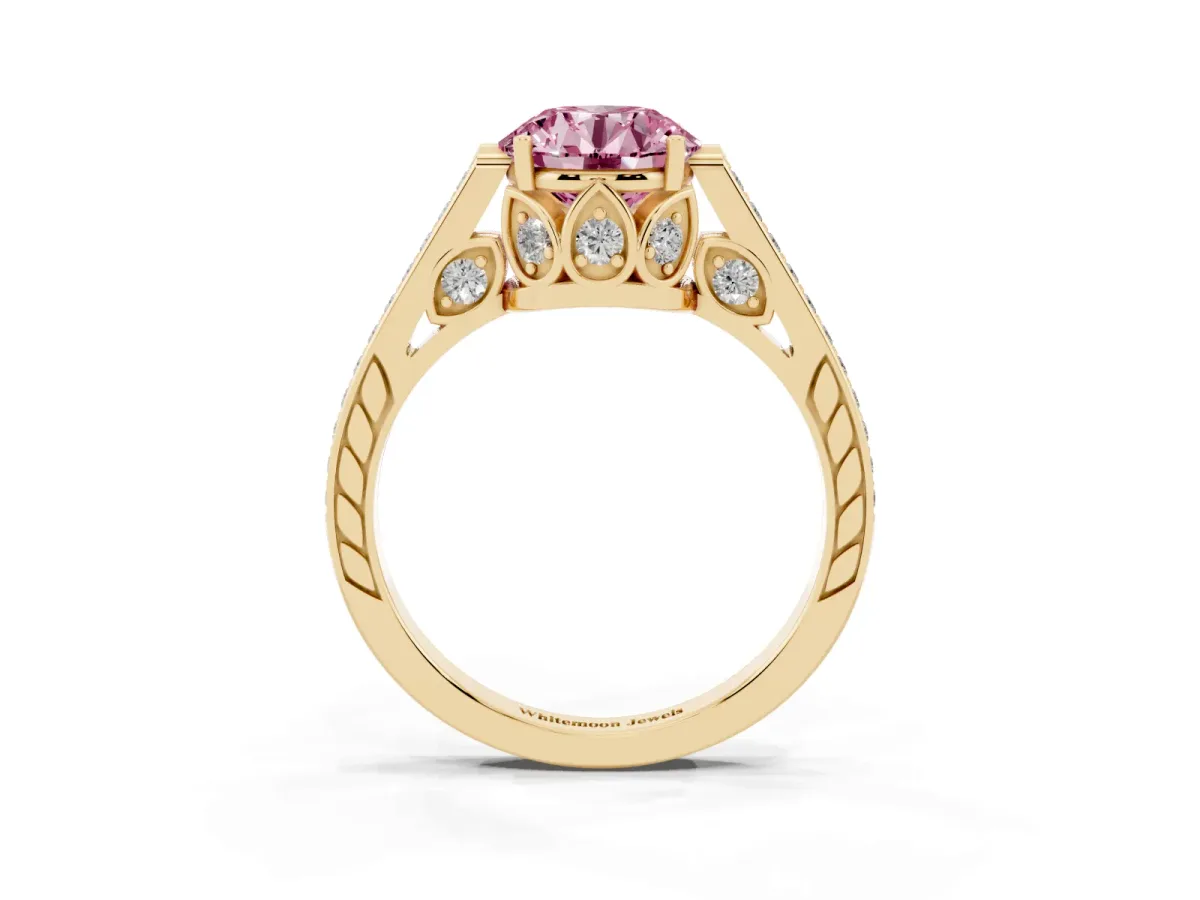 Fancy Pink Round Cut Cut Cathedral Pave Diamond Engagement Ring with Six-Prong Setting Yellow gold