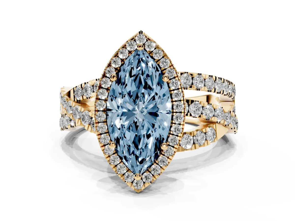 Fancy Blue Marquise Cut Diamond Halo Ring with Round Split Shank and Prong Setting Yellow gold
