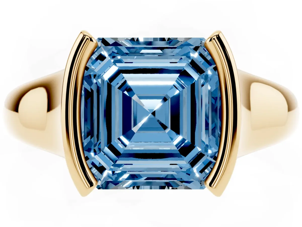 Fancy Blue Asscher Cut Solitaire Tension Set Diamond Ring with Split Shank Band Yellow gold