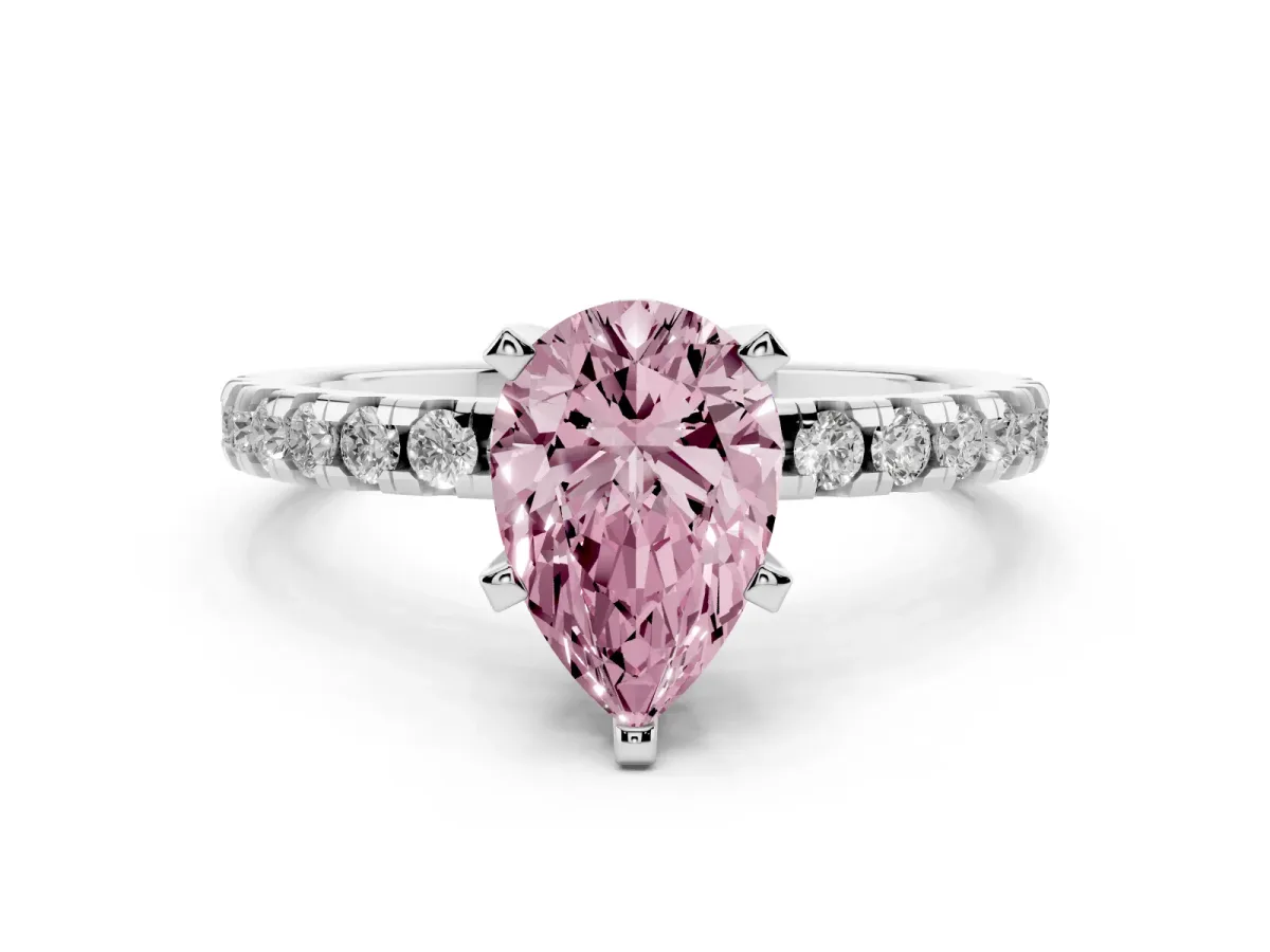 Fancy Pink Pear Cut Diamond Solitaire Ring with Round Pavé Band and Four-Prong Setting Silver