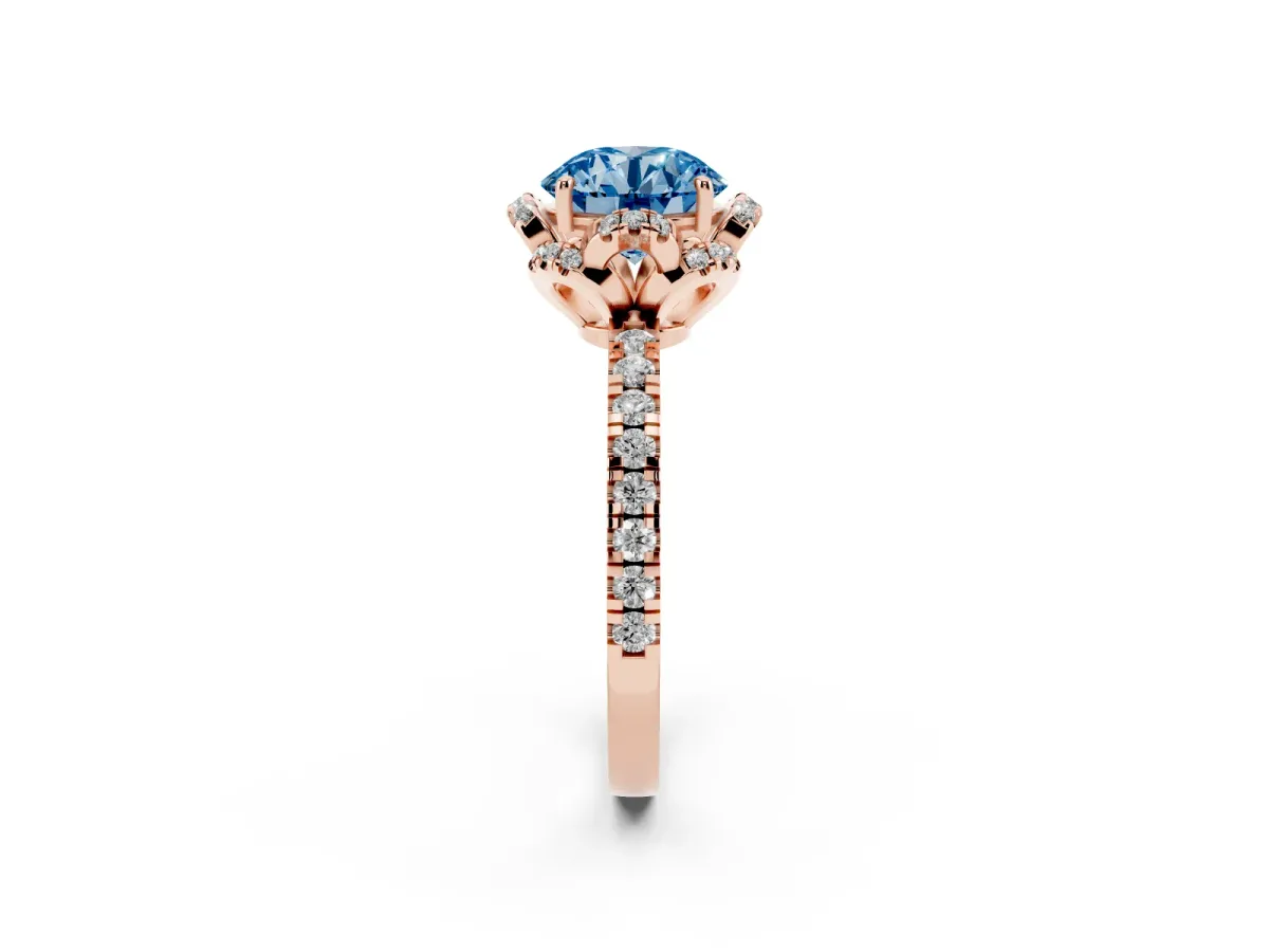 Fancy Blue Round Cut Halo Diamond Pave Band Ring with Four-Prong Setting Rose gold