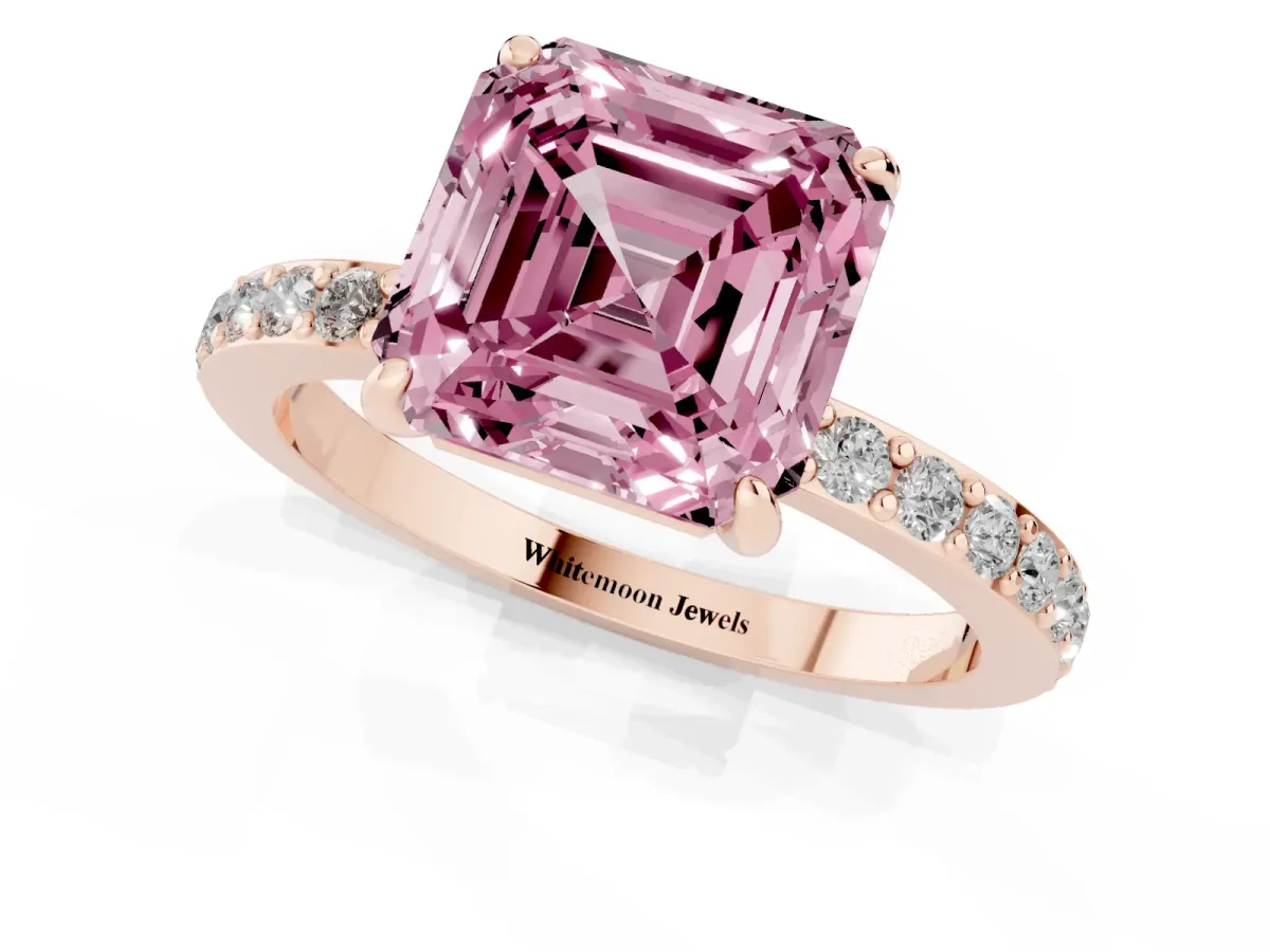 Fancy Pink Asscher Cut Diamond Pavé Engagement Ring with Round Accents and Prong Setting Rose gold