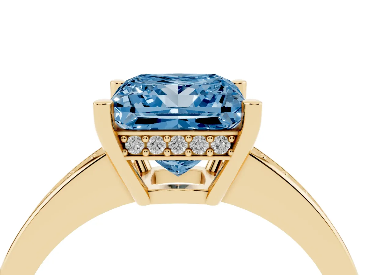Fancy Blue Princess Cut Solitaire Pavé Band Prong Setting Ring Yellow gold