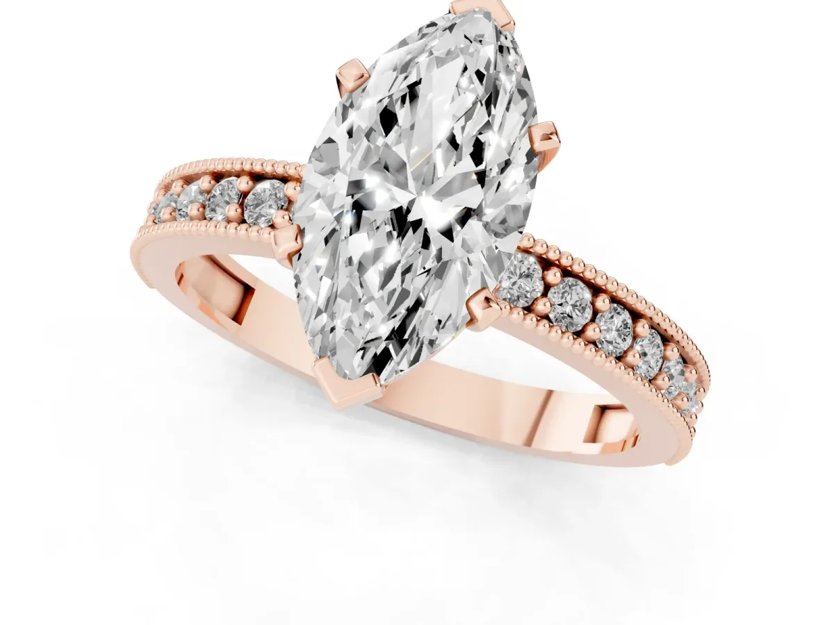 Marquise Cut Diamond Milgrain Pavé Engagement Ring with Four-Prong Setting Rose gold
