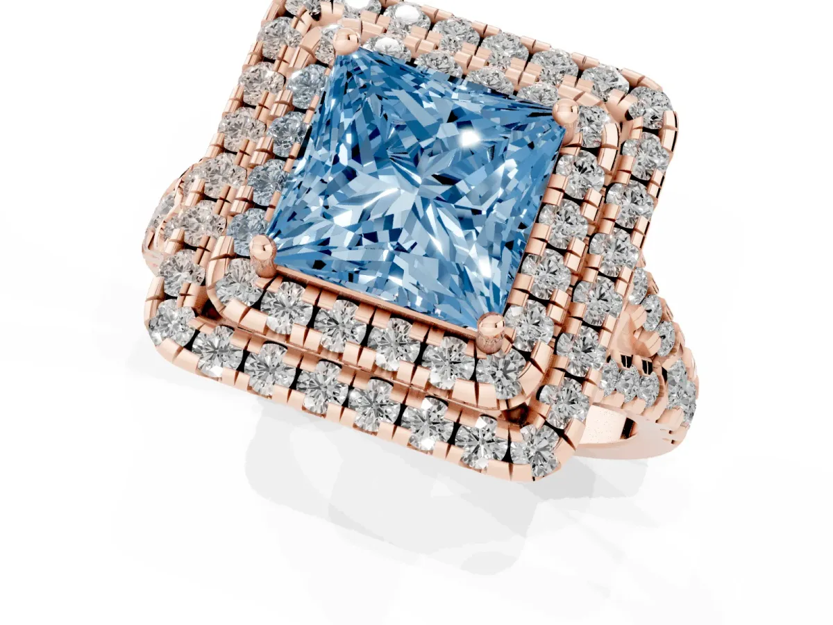 Fancy Blue Double Halo Princess Cut Diamond Pavé Split Shank Ring with Prong Setting Rose gold