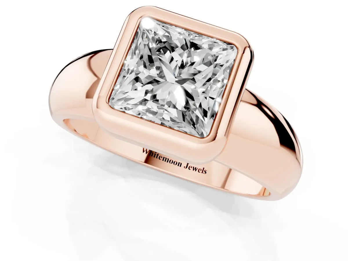 Bezel Set Princess Cut Solitaire Ring with Wide Band Rose gold