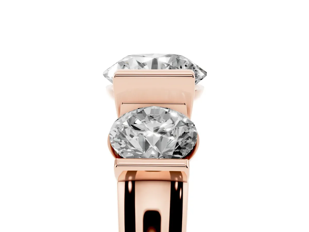 Three-Stone Round Cut Brilliant Diamond Ring with Channel Setting and White Gold Band Rose gold