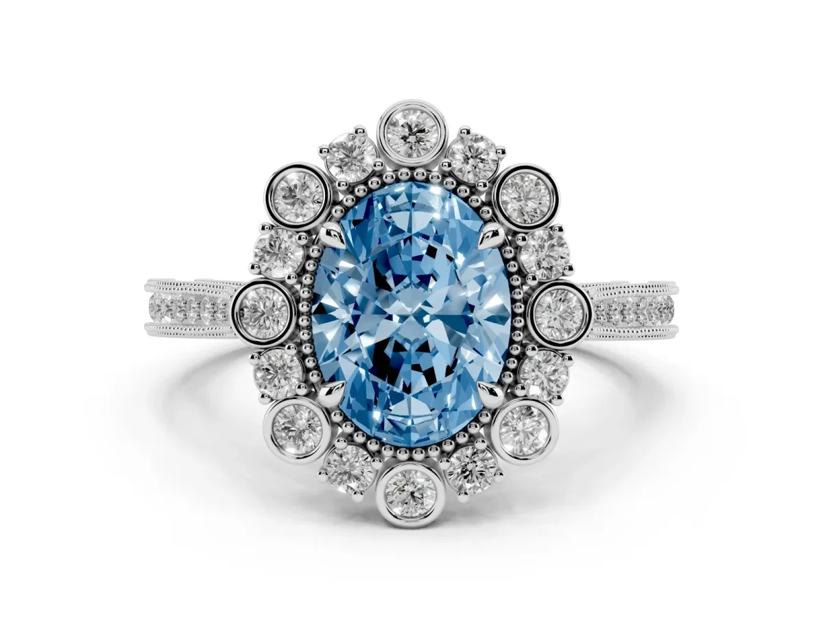 Fancy Blue Oval Cut Halo Milgrain Pave Diamond Ring with Four-Prong Setting Platinum