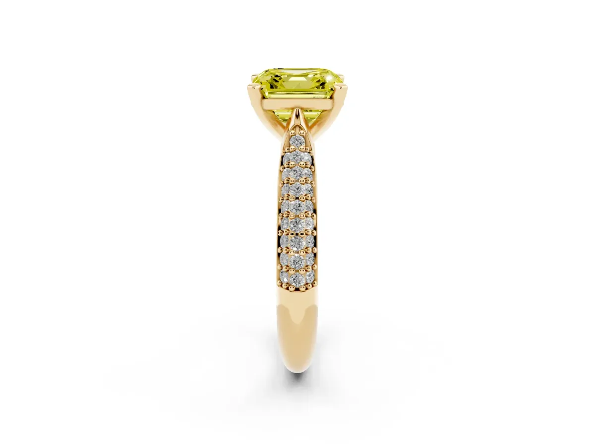 Fancy Yellow Asscher Cut Diamond Solitaire Engagement Ring with Multi-Row Round Pavé Band and Prong Setting Yellow gold