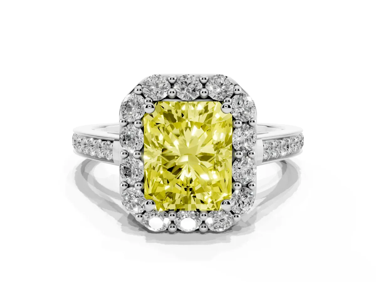 Fancy Yellow Radiant Cut Diamond Floral Halo Ring with Pavé Band and Prong Setting Platinum