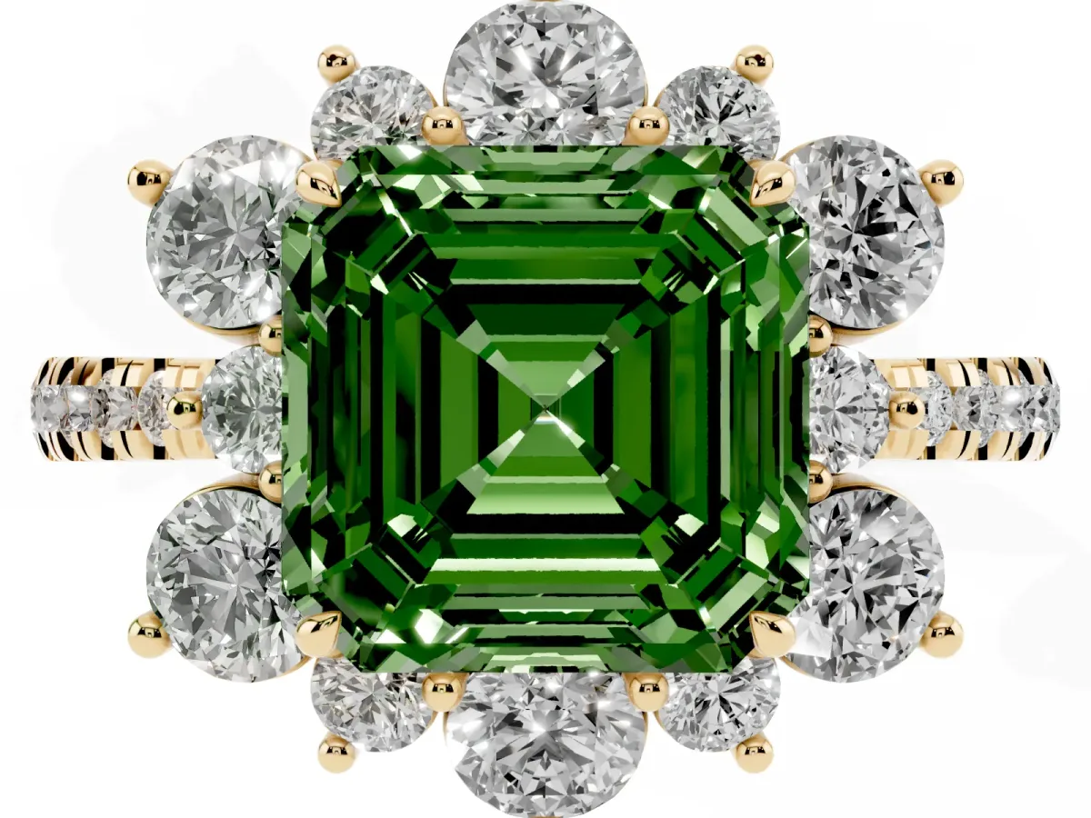 Fancy Green Asscher Cut Diamond Floral Halo Ring with Round Pavé Band and Prong Setting Yellow gold