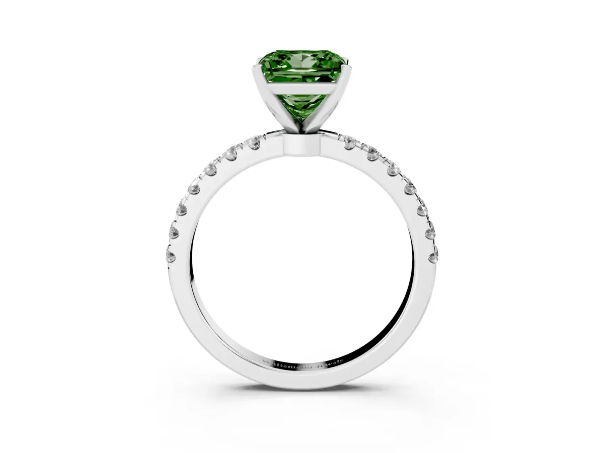 Fancy Green Princess Cut Diamond Solitaire Ring with Pavé Accents and Four-Prong Setting Platinum