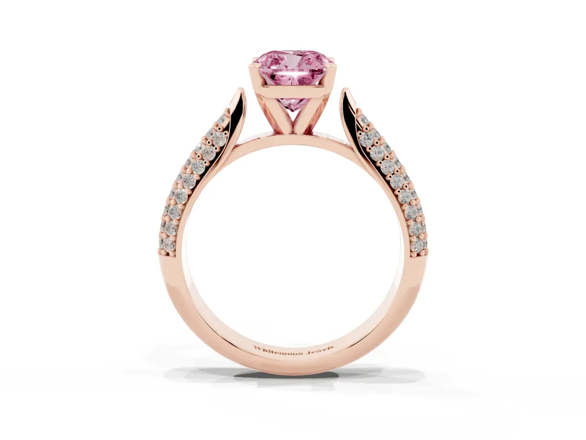 Fancy Pink Cushion Cut Diamond Solitaire Engagement Ring with Multi-Row Round Pavé Band and Prong Setting Rose gold