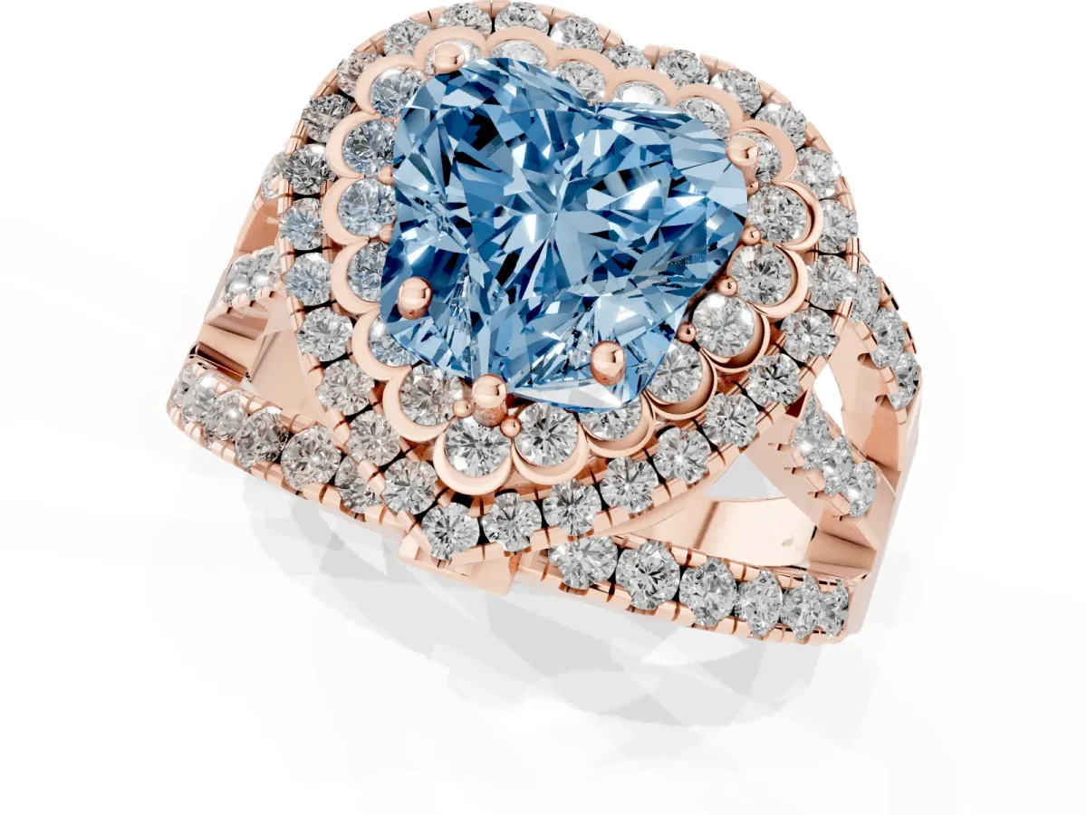 Fancy Blue Heart Cut Diamond Double Halo Ring with Round Pavé Split Shank and Prong Setting Rose gold