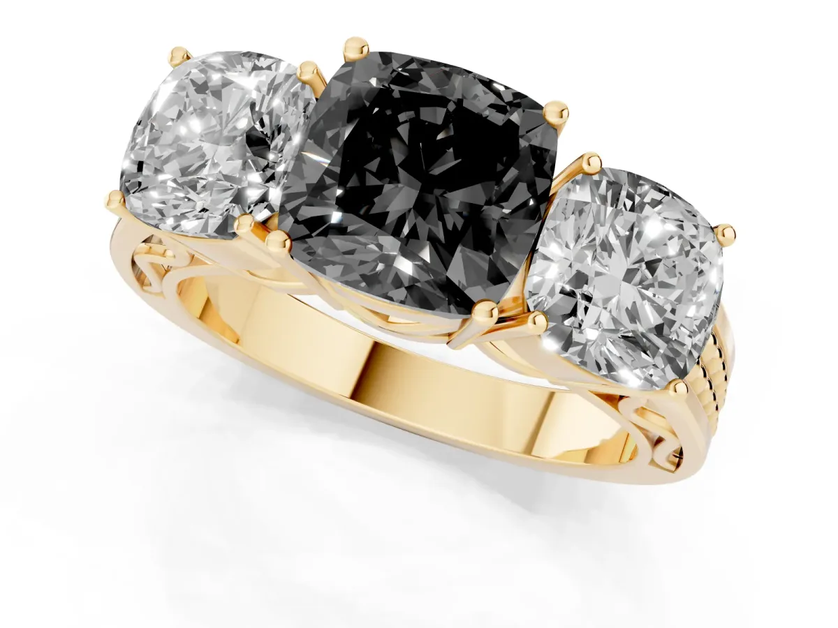 Fancy Black Cushion Cut Diamond Three-Stone Ring with Prong Setting and Textured Band Yellow gold