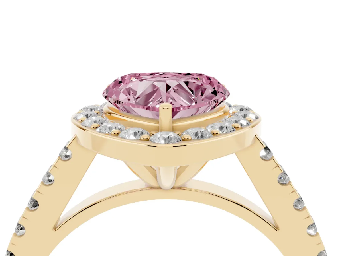 Fancy Pink Heart Cut Diamond Halo Ring with Round Pavé Split Shank and Prong Setting Yellow gold