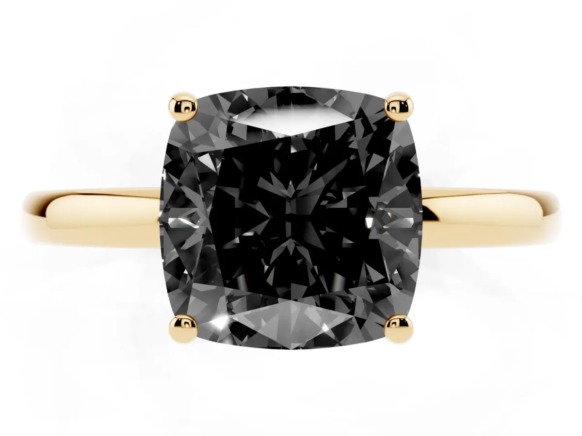 Fancy Black Cushion Cut Solitaire Diamond Ring with Prong Setting and Plain Band Yellow gold