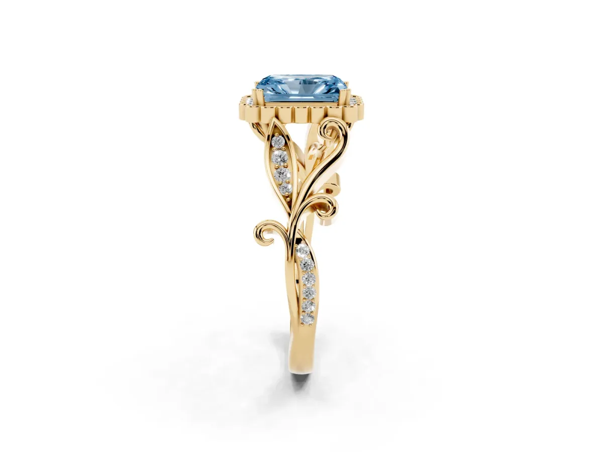 Fancy Blue Radiant Cut Diamond Halo Ring with Vintage Split Shank and Four-Prong Setting Yellow gold