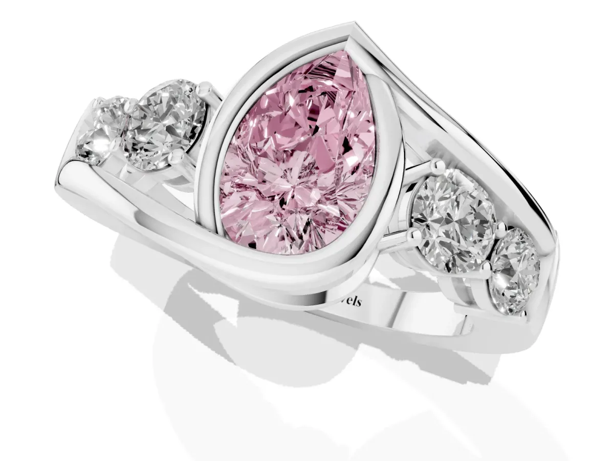 Fancy Pink Bezel Set Pear Cut Diamond Bypass Ring with Round Accents Platinum