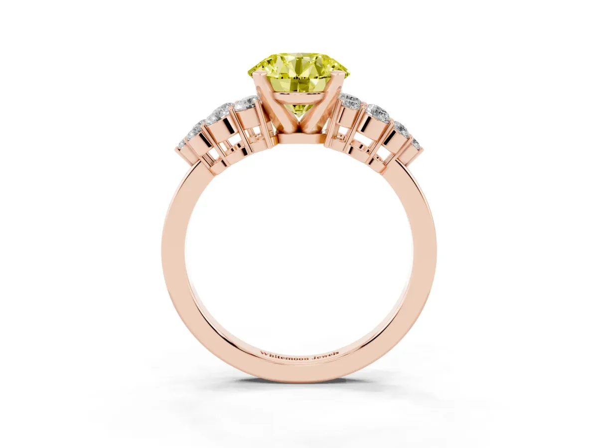 Fancy Yellow Round Cut Cluster Diamond Engagement Ring with Pavé Band and Four-Prong Setting Rose gold