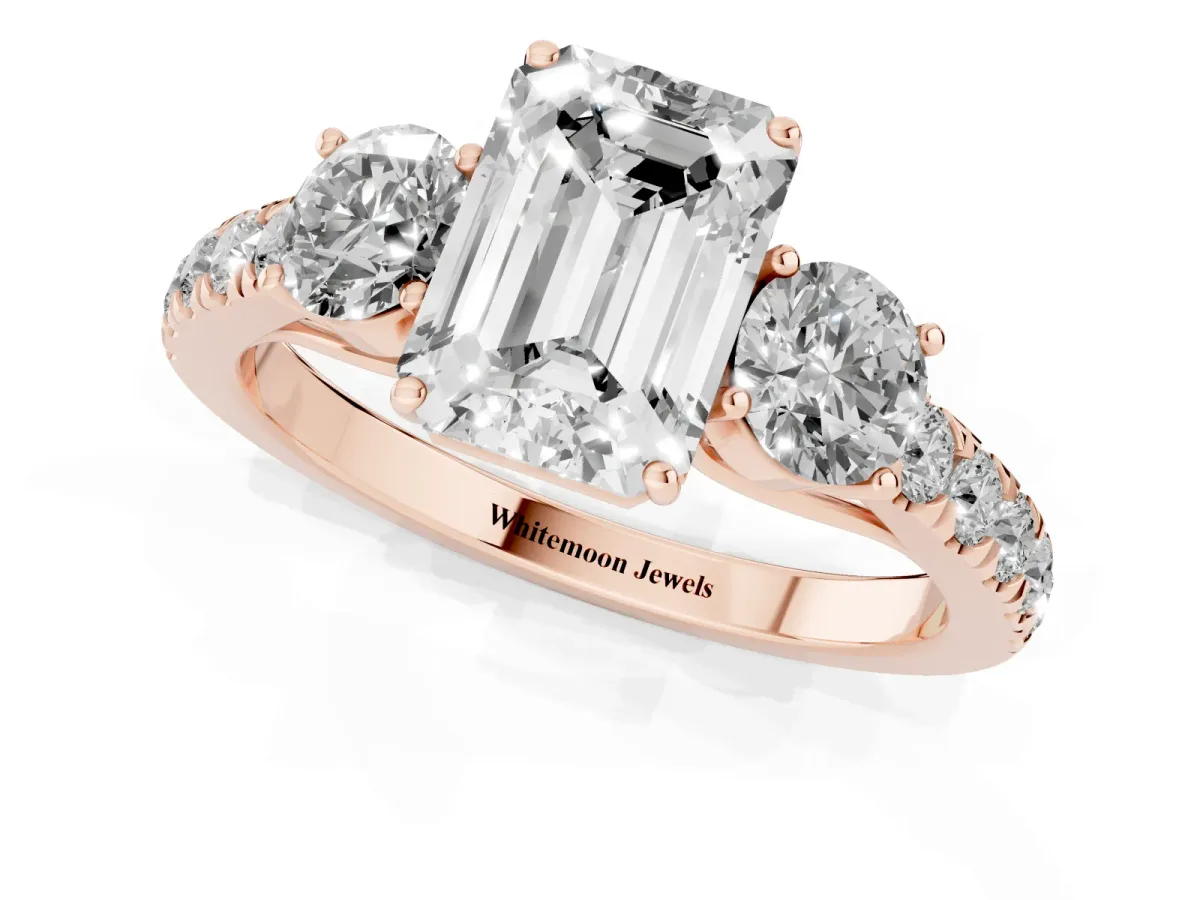 Emerald Cut Cut Diamond Three-Stone Ring with Round Side Stones and Pavé Band Rose gold