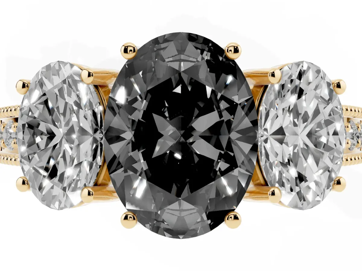 Fancy Black Three-Stone Oval Cut Cut Milgrain Pavé Engagement Ring Yellow gold