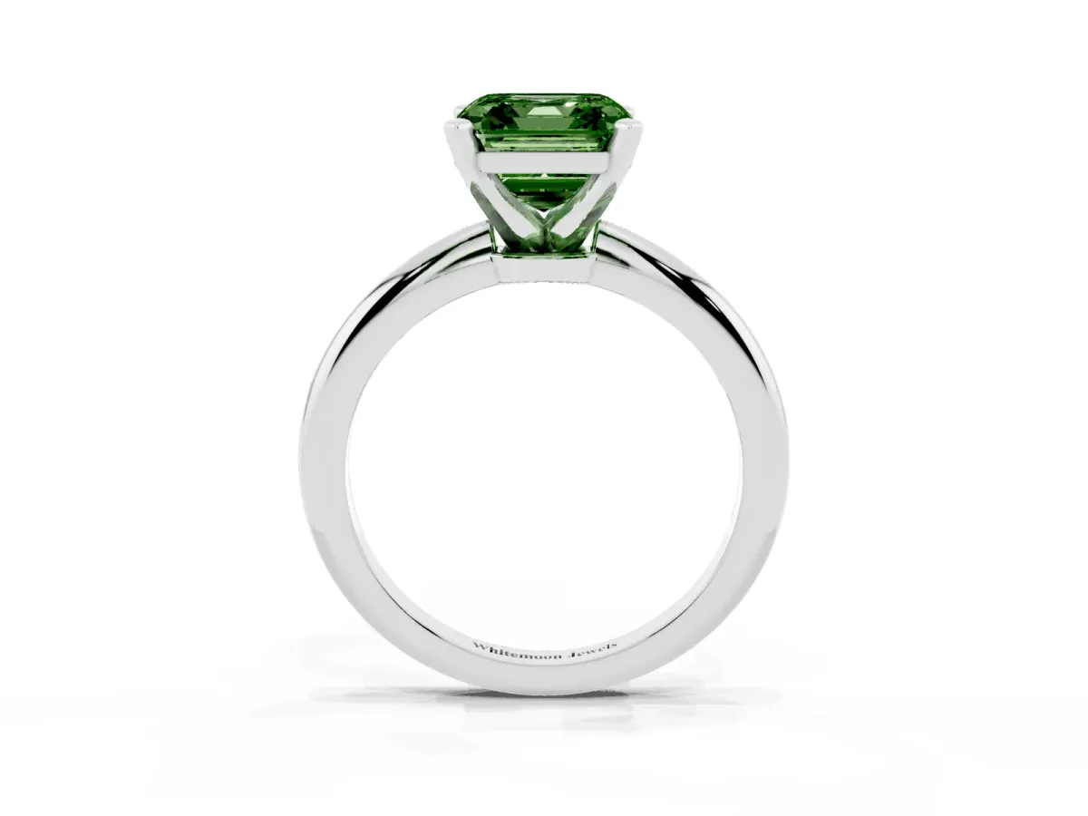 Fancy Green Asscher Cut Diamond Solitaire Ring with Prong Setting and Classic Band Silver