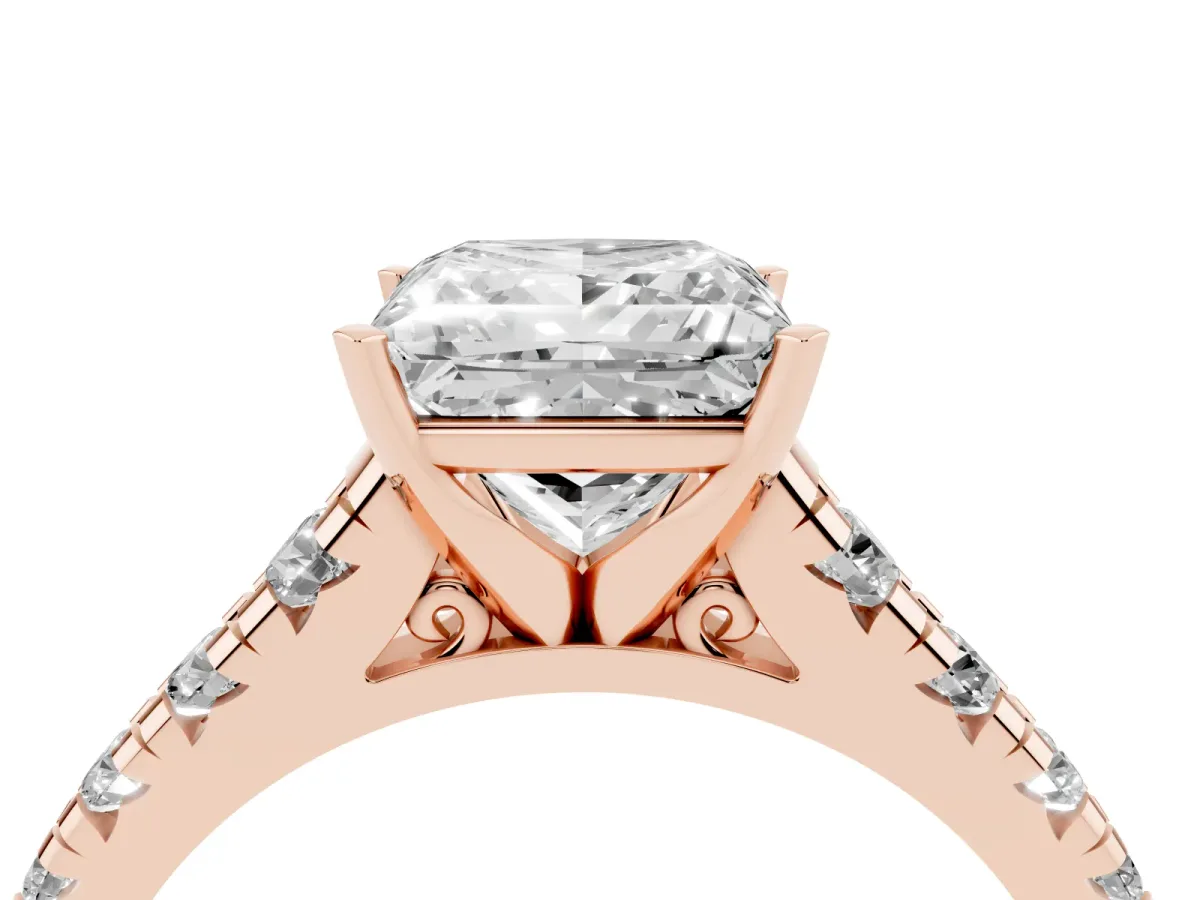 Princess Cut Diamond Cathedral Solitaire Ring with Round Pavé Band Rose gold