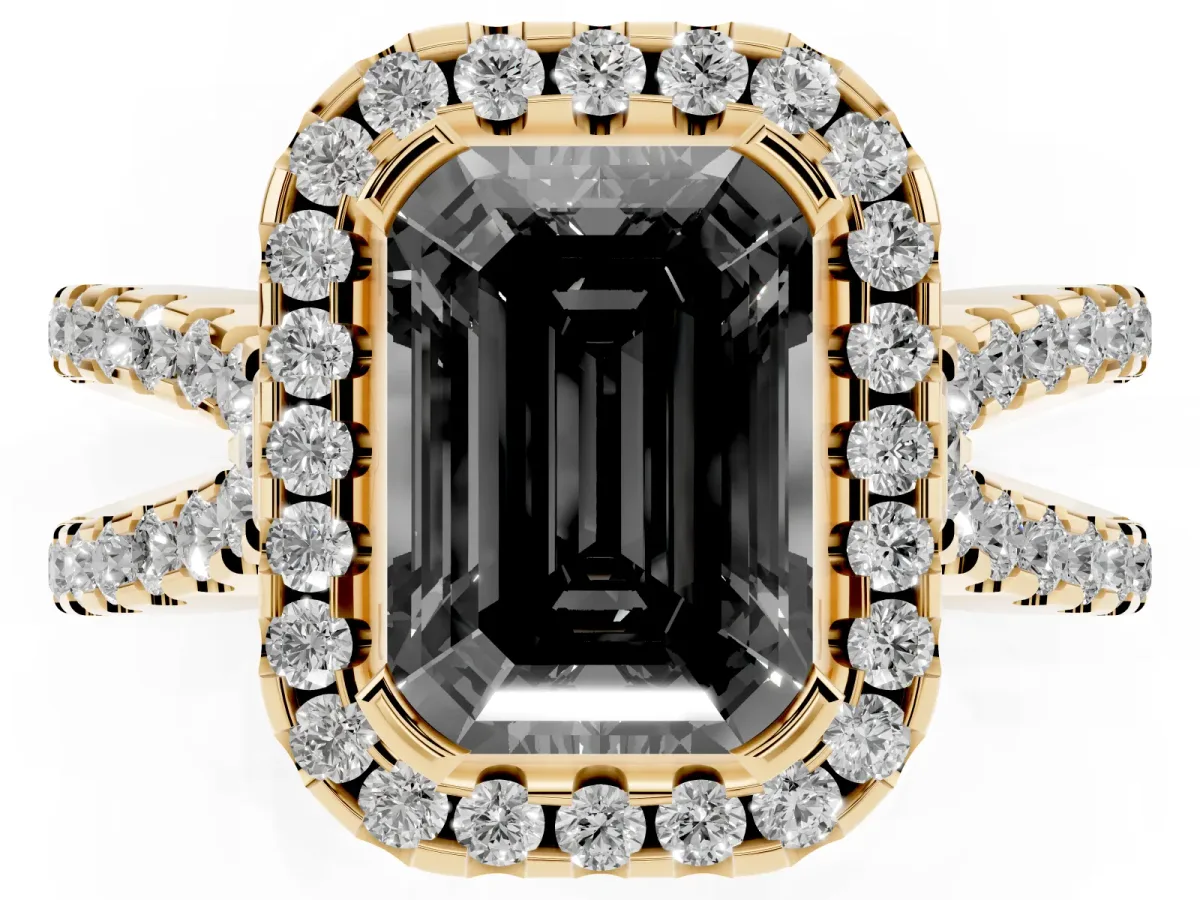 Fancy Black Emerald Cut Diamond Halo Ring with Split Shank Pavé Band and Prong Setting Yellow gold