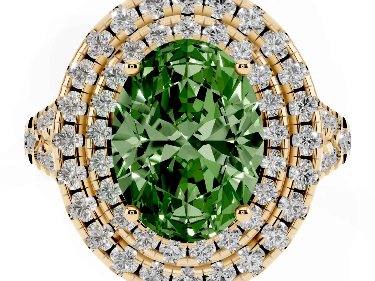 Fancy Green Double Halo Oval Cut Diamond Pavé Split Shank Ring with Prong Setting Yellow gold