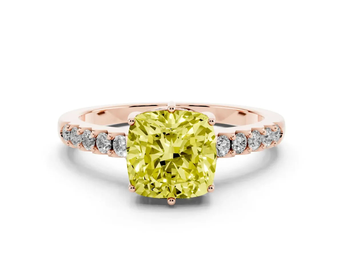 Fancy Yellow Cushion Cut Solitaire Diamond Engagement Ring with Pavé Band and Six-Prong Setting Rose gold