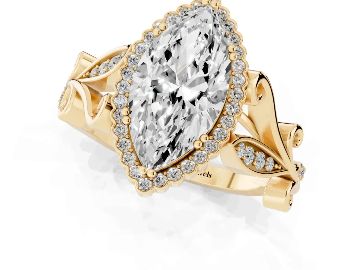 Marquise Cut Diamond Halo Ring with Vintage Split Shank and Four-Prong Setting Yellow gold