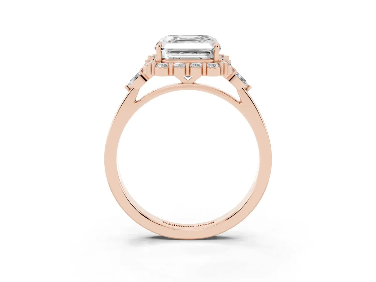 Asscher Cut Diamond Halo Ring with Pear Side Stones and Prong Setting Rose gold