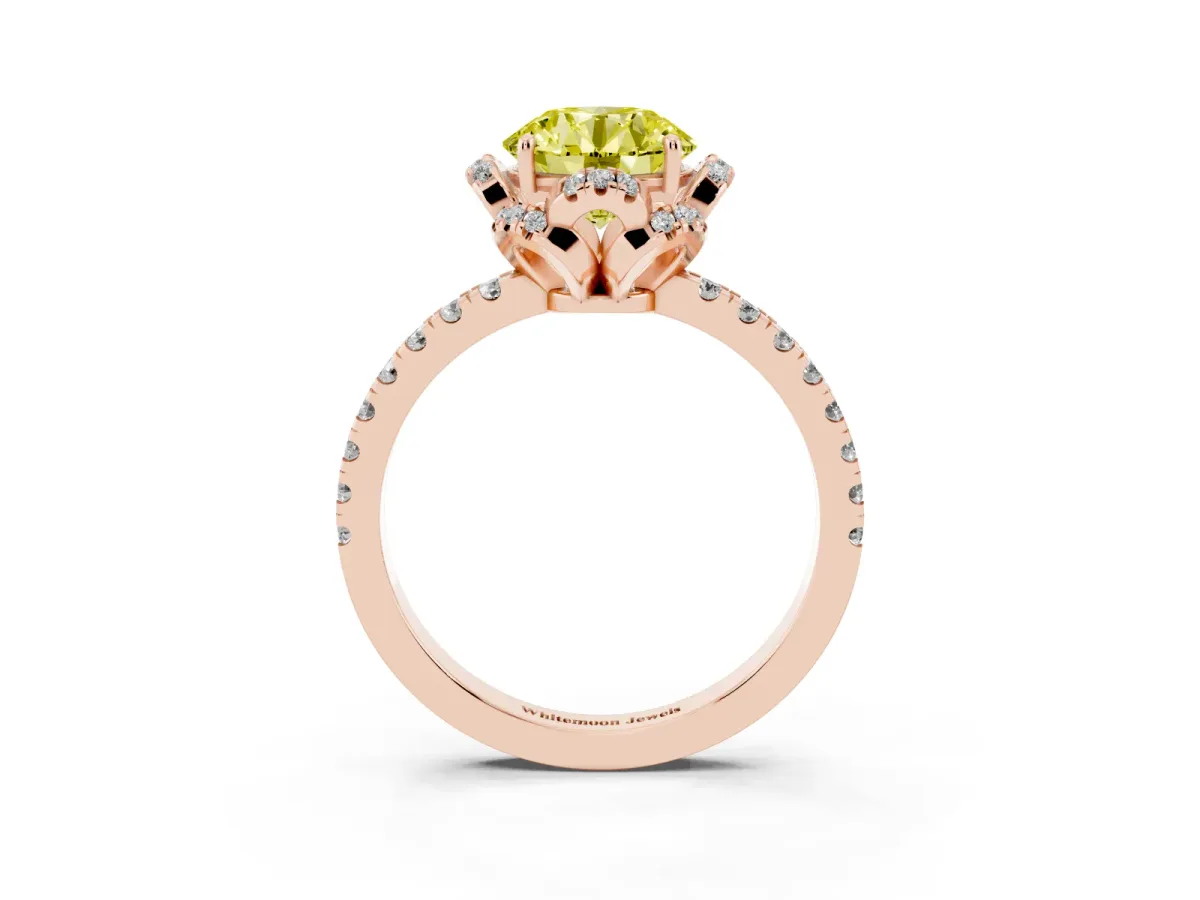 Fancy Yellow Round Cut Diamond Halo Pave Band with Four-Prong Setting Rose gold