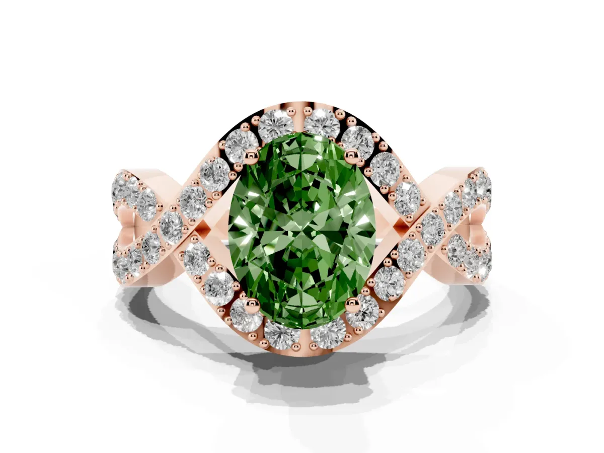Fancy Green Oval Cut Solitaire Twist Band Pavé Diamond Engagement Ring Rose gold