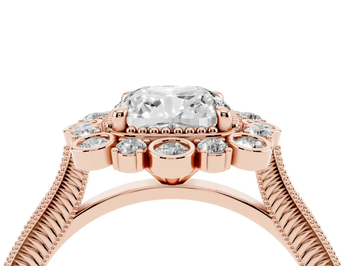 Cushion Cut Halo Milgrain Pave Diamond Ring with Four-Prong Setting Rose gold