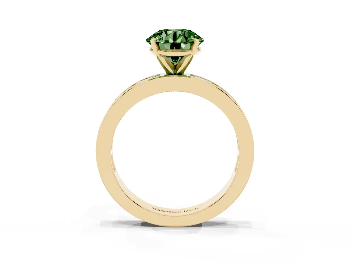Fancy Green Round Cut Solitaire Diamond Ring with Channel-Set Baguette Band and Four-Prong Setting Yellow gold