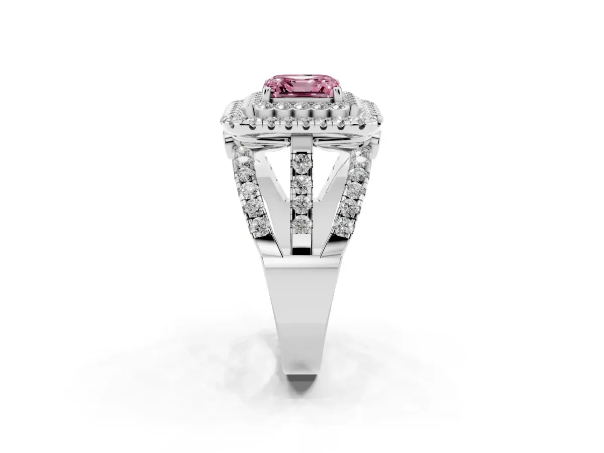 Fancy Pink Asscher Cut Diamond Double Halo Ring with Round Pavé Split Shank and Prong Setting Silver