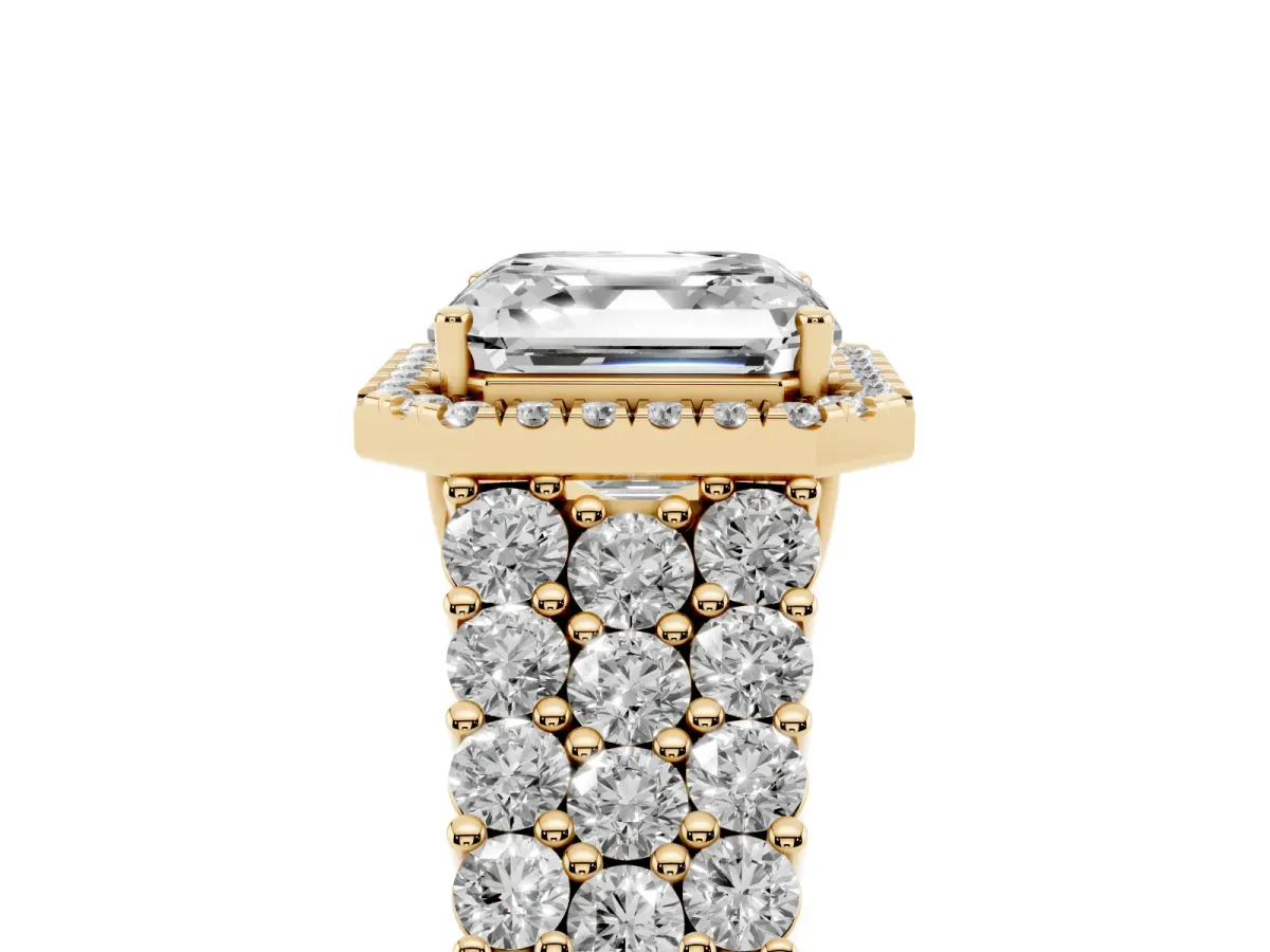 Asscher Cut Diamond Halo Engagement Ring with Triple Row Round Pavé Band and Prong Setting Yellow gold