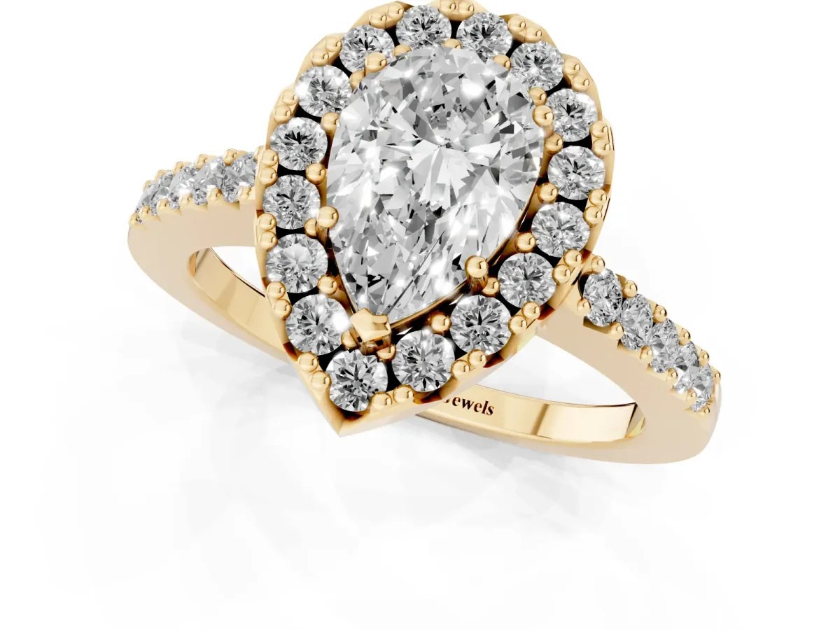 Pear Cut Halo Diamond Pavé Solitaire Ring Yellow gold