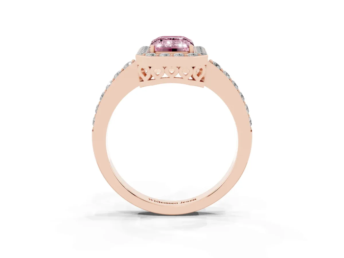 Fancy Pink Emerald Cut Halo Diamond Pavé Band Ring with Prong Setting Rose gold