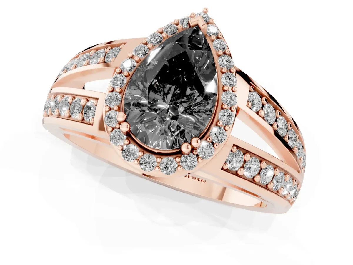 Fancy Black Pear Cut Diamond Halo Ring with Split Shank Pavé Band and Four-Prong Setting Rose gold