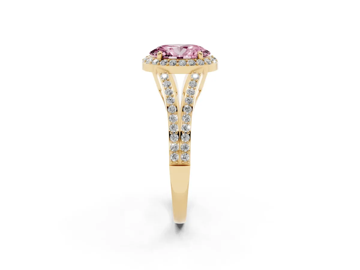 Fancy Pink Oval Cut Halo Split Shank Diamond Ring with Prong Setting Yellow gold