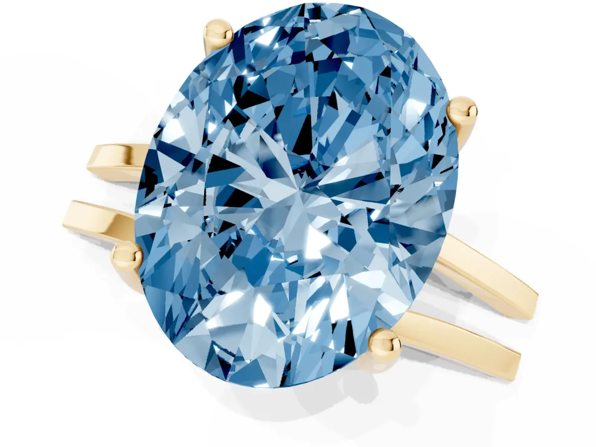 Fancy Blue Oval Cut Cut Diamond Solitaire Engagement Ring with Tapered Plain Band and Four-Prong Setting Yellow gold