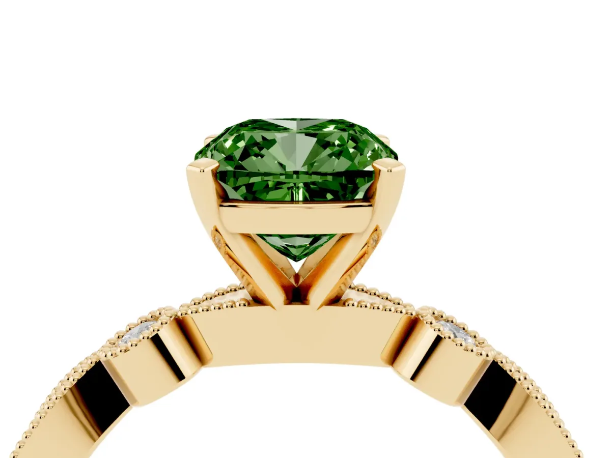 Fancy Green Cushion Cut Milgrain Bezel Diamond Engagement Ring with Solitaire Prong Setting Yellow gold