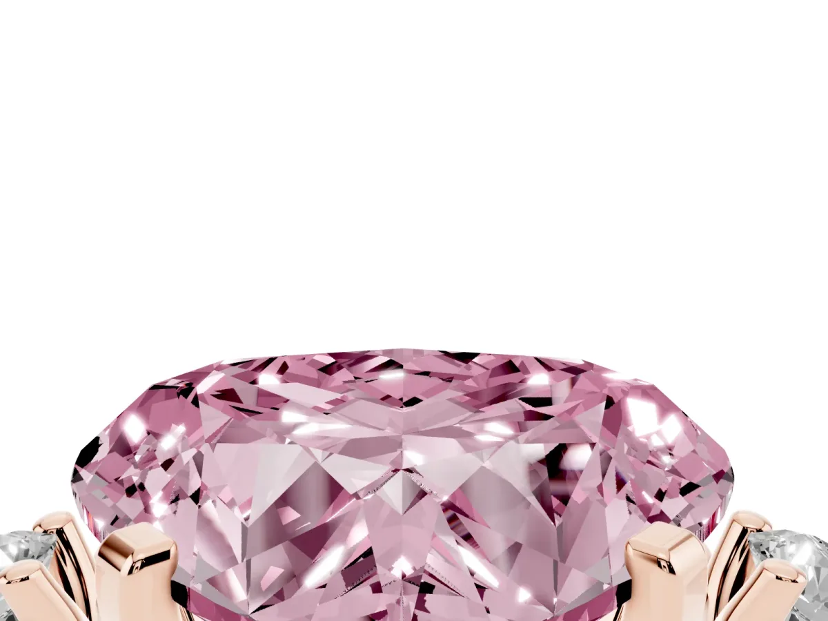 Fancy Pink Heart Cut Cut Three-Stone Solitaire Ring with Round Accent Diamonds and Four-Prong Setting Rose gold