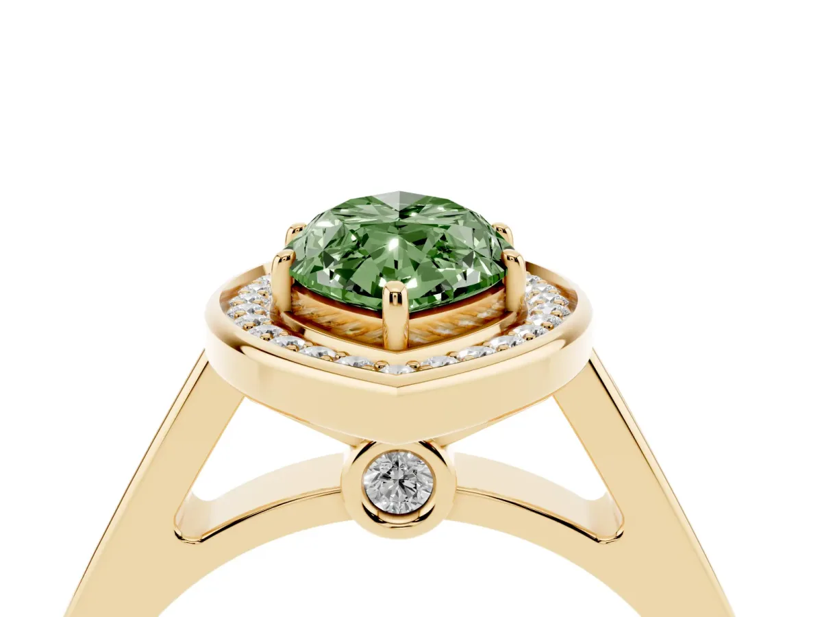 Fancy Green Marquise Cut Halo Solitaire Diamond Ring with Pave Band and Bezel Setting Yellow gold