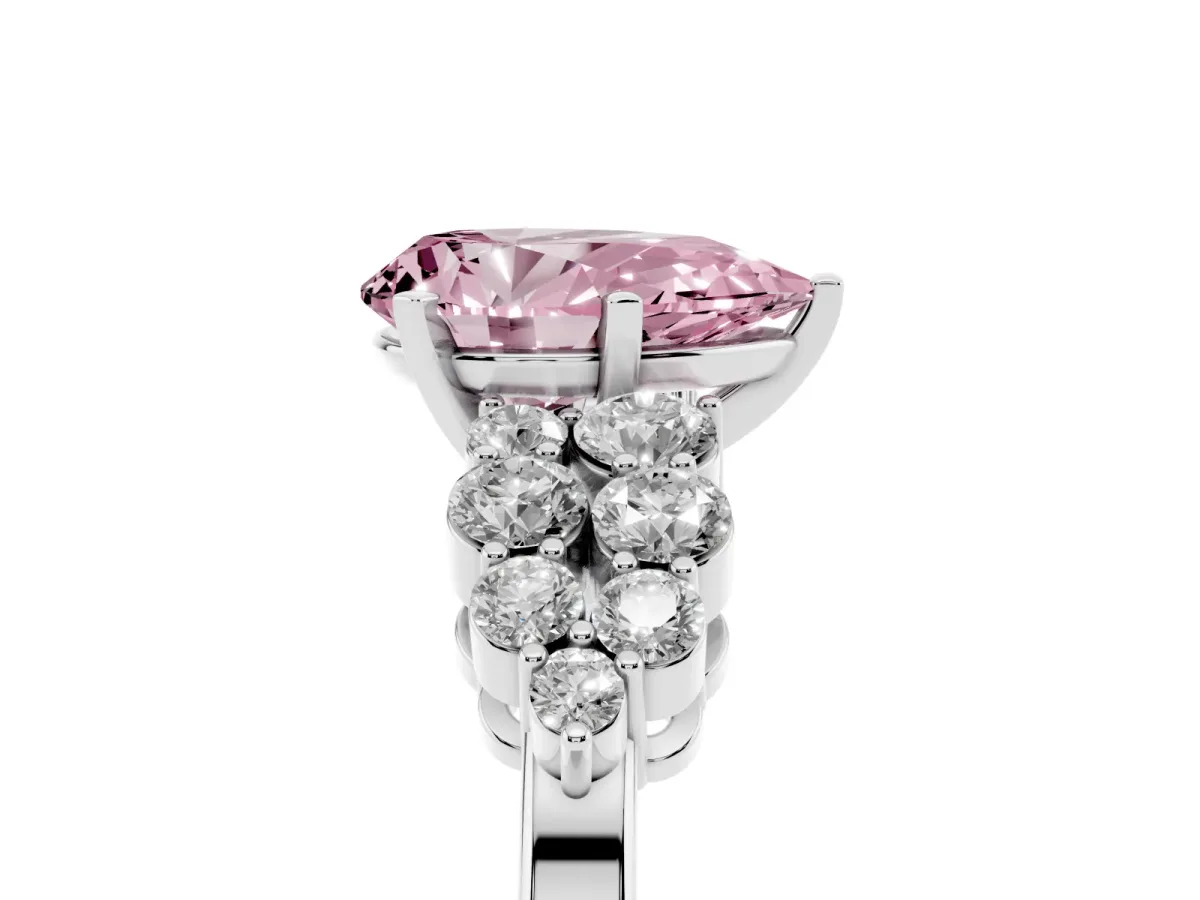 Fancy Pink Pear Cut Cluster Diamond Engagement Ring with Pavé Band and Four-Prong Setting Silver