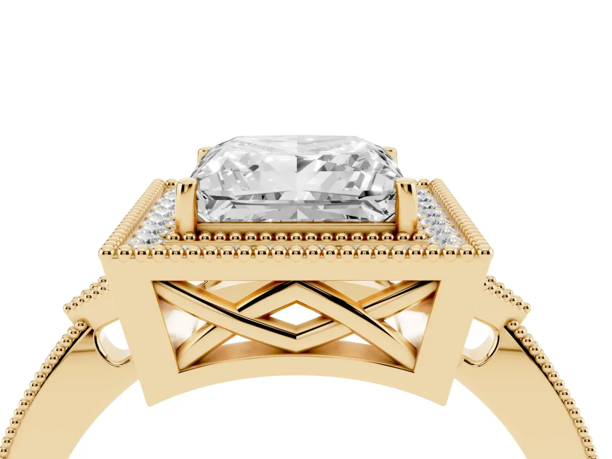 Princess Cut Halo Round Diamond Milgrain Pave Engagement Ring Yellow gold